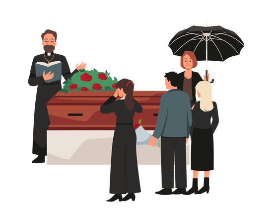 Funeral ceremony burial service mourning people standing around closed coffin  Illustration