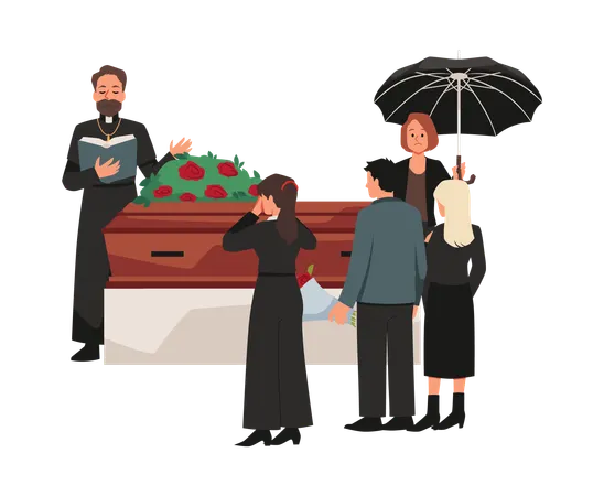 Funeral ceremony burial service mourning people standing around closed coffin  Illustration