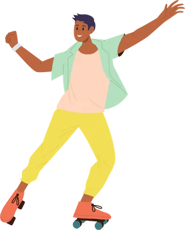 Funky personaje de hombre adolescente despedida montando patines  Ilustración