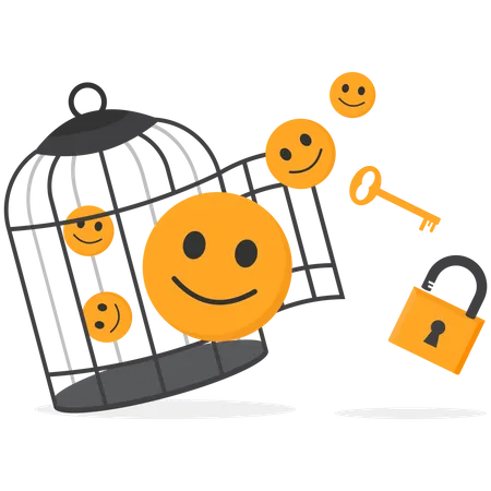 Funny And Positive Emoticons With Key Free Himself From The Cage Modern Vector Illustration In Flat Style Illustration