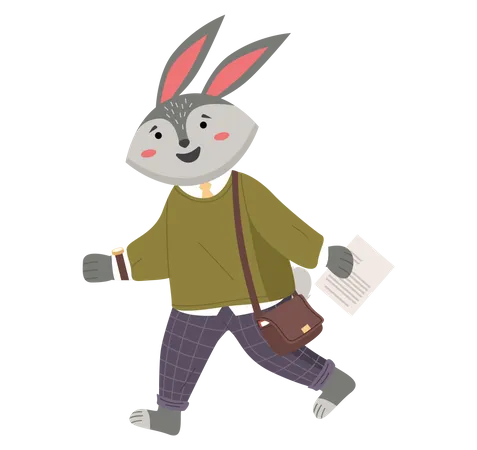 Funny Cartoon Animal Student Lovely Cute Hare Schoolboy With Paper Sheet In Hand Is Rushing To The Lesson Back To School Concept Active Rabbit Pupil In Uniform And With A Bag On His Shoulder Illustration