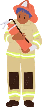 Funny boy child firefighter wearing protective clothing holding fire extinguisher  Illustration