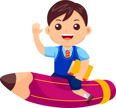 Funny Boy Flying on Pencil and waving hand  イラスト