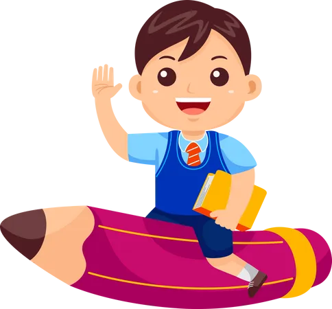 Funny Boy Flying on Pencil and waving hand  Illustration