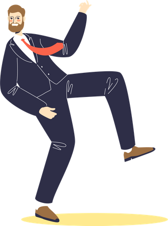 Funny businessman in suit and tie dancing. Cartoon business man character joyful dance Illustration