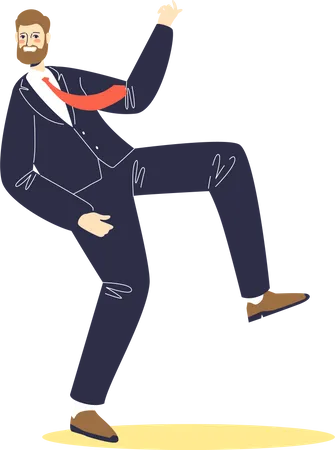 Funny businessman in suit and tie dancing. Cartoon business man character joyful dance Illustration