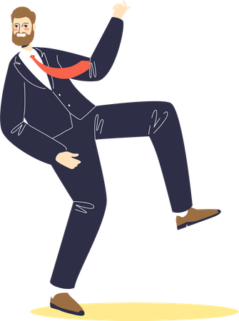 Funny businessman in suit and tie dancing. Cartoon business man character joyful dance  Illustration