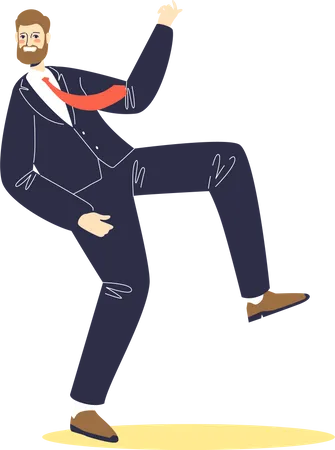 Funny businessman in suit and tie dancing. Cartoon business man character joyful dance  Illustration