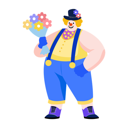 Funny clown holding flower bouquet  Illustration