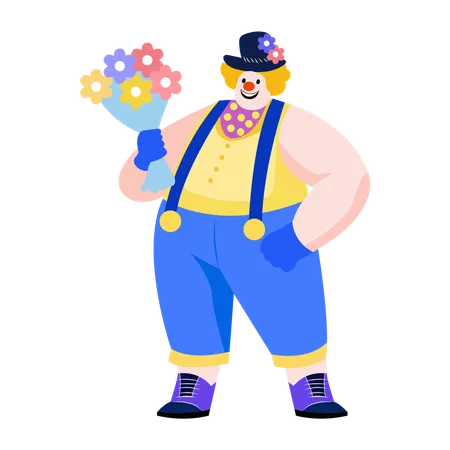 Funny clown holding flower bouquet  Illustration