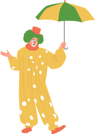 Funny clown in cute stage costume standing under umbrella  Illustration