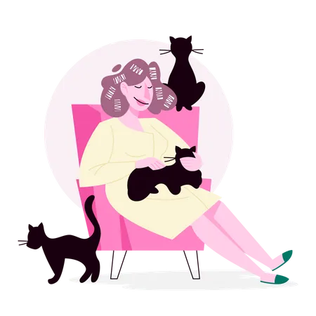 Funny female with her cats  Illustration