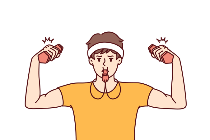 Funny fitness trainer with dumbbells uses whistle to cheer up trainees from gym  Illustration