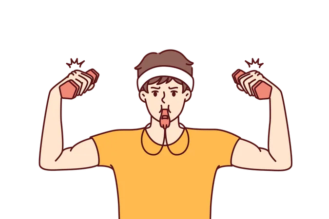 Funny Fitness Trainer With Dumbbells Uses Whistle To Cheer Up Trainees From Gym Or Sports Club Thin Man In Fitness Clothes Does Exercises To Build Biceps On His Arms And Muscles On His Body Illustration