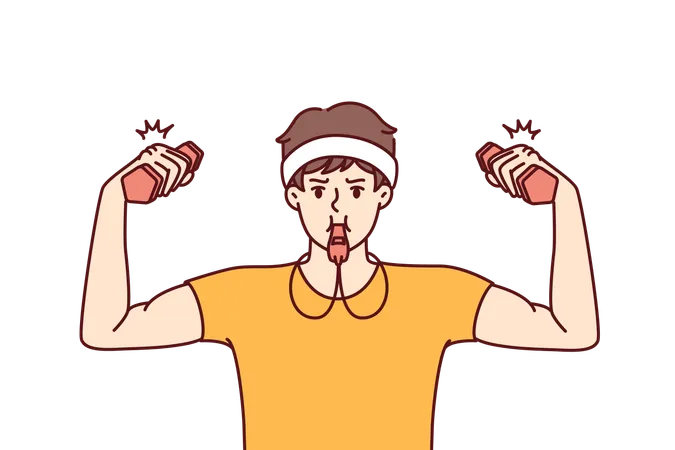 Funny fitness trainer with dumbbells uses whistle to cheer up trainees from gym  Illustration