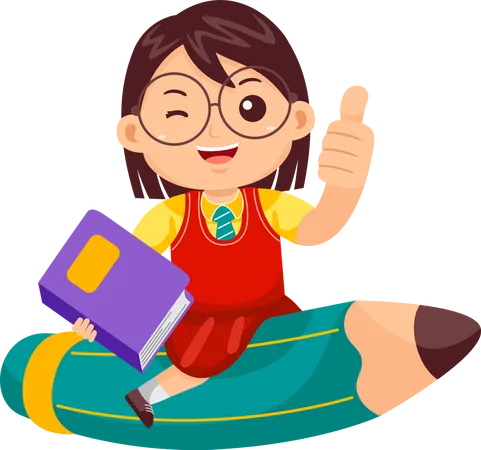 Funny Girl Flying on Pencil and showing thumb up  Illustration