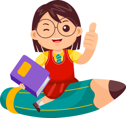 Funny Girl Flying on Pencil and showing thumb up  Illustration