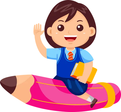 Funny Girl Kid Flying on Pencil  Illustration