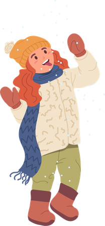 Funny girl trying to taste snowflake catching snow with mouth  Illustration