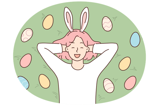 토끼 귀를 한 웃긴 소녀가 다채로운 부활절 달걀 사이 풀밭에 누워 활짝 웃고 있습니다.  일러스트레이션