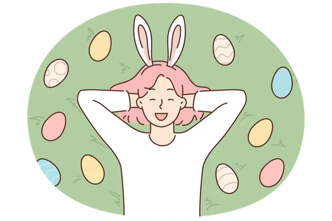 토끼 귀를 한 웃긴 소녀가 다채로운 부활절 달걀 사이 풀밭에 누워 활짝 웃고 있습니다.  일러스트레이션