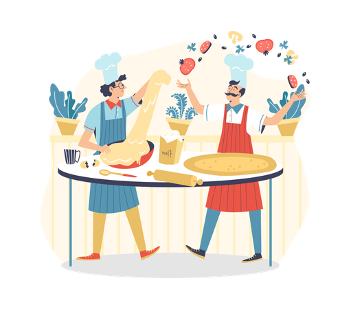 Funny italian chef cooks cooking pizza  Illustration