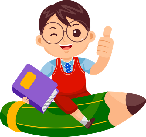 Funny Kid Flying on Pencil and showing thumb up  Illustration