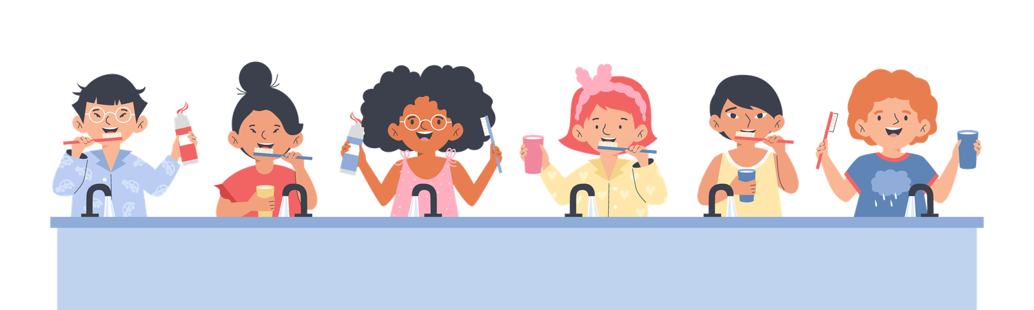 Funny kids brushing teeth behind sink  Illustration