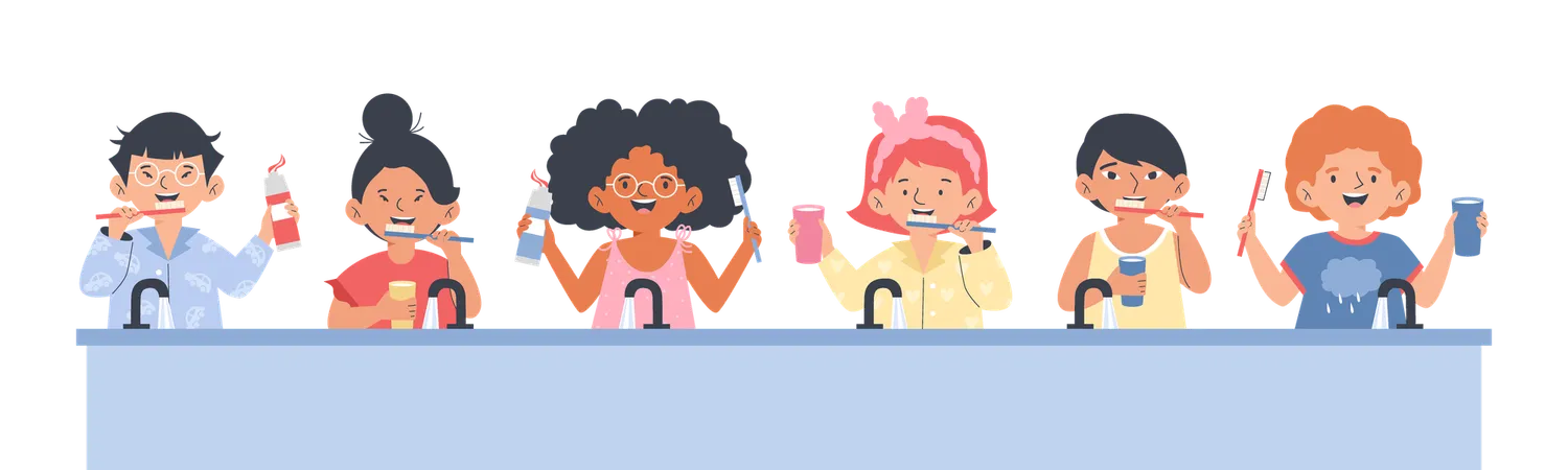 Funny kids brushing teeth behind sink  Illustration