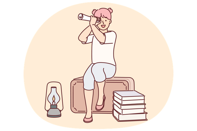 Funny little adventurer girl wants to go on long journey using piece of paper instead of telescope  Illustration