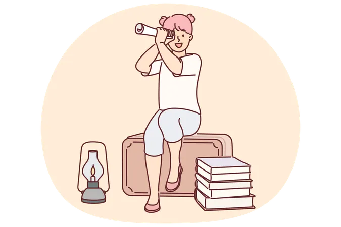 Funny little adventurer girl wants to go on long journey using piece of paper instead of telescope  Illustration