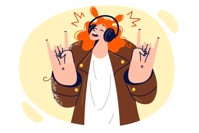 Funny Little Girl Wearing Headphones Listens To Music And Demonstrates Rock And Roll Gestures Enjoying New Album Of Punk Band Female Teenager In Wireless Earphones From Hard Rock Fan Community Illustration