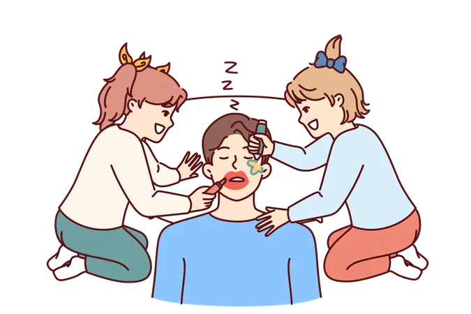 Funny Little Girls Make Up Sleeping Father By Painting On Man Face With Lipstick And Colored Markers Two Cheerful Preteen Daughters Play Pranks And Laugh Father Sleeps After Work Illustration