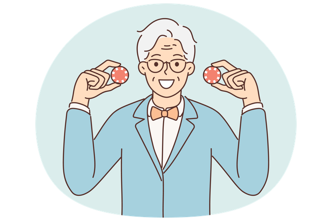 ラスベガスのカジノのチップを持ってポーカーで運試しをしようとしている面白い中年の男性  イラスト