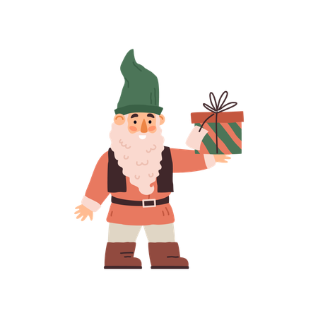 Funny old bearded gnome holding gift box  Illustration