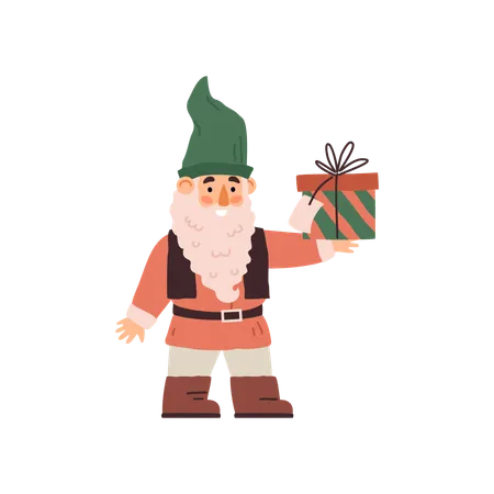 Funny old bearded gnome holding gift box  Illustration