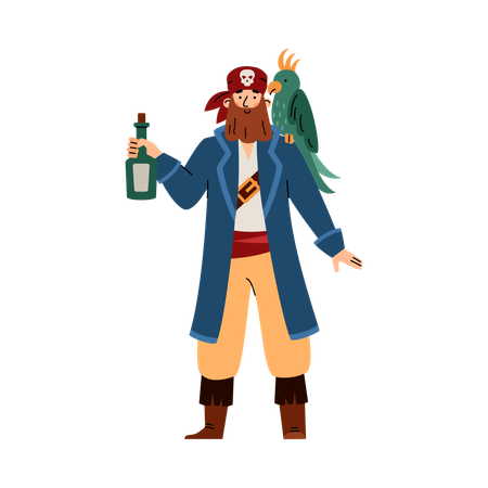 Funny pirate with parrot and bottle of rum  Illustration