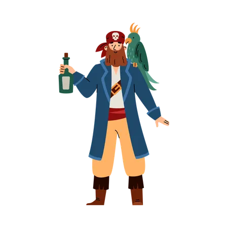 Funny pirate with parrot and bottle of rum  Illustration