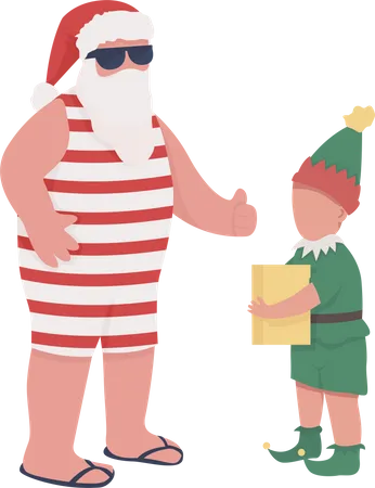 Funny Santa With Elf Helper Semi Flat Color Vector Characters Standing Figures Full Body People On White Christmas Isolated Modern Cartoon Style Illustration For Graphic Design And Animation Illustration