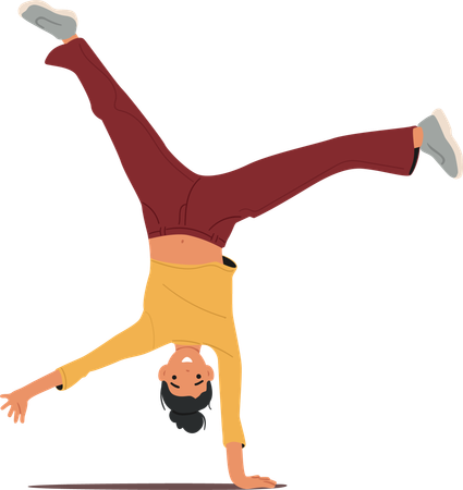 Funny teenage girl standing upside down enjoying joyful activity occupation  Illustration