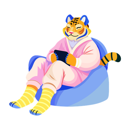 Funny Tiger sitting on sofa while holding tablet  Illustration