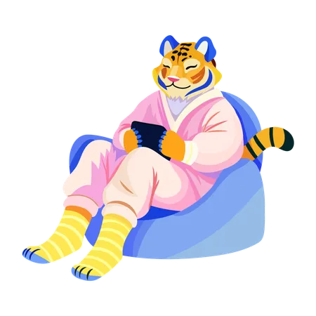 Funny Tiger sitting on sofa while holding tablet  Illustration