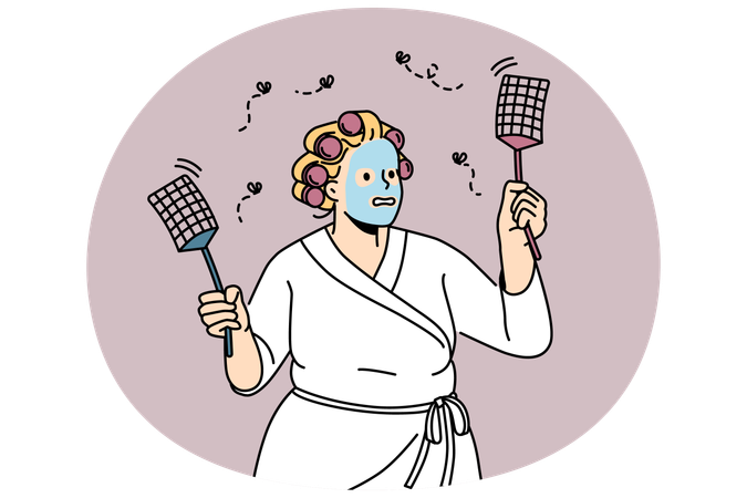 Funny woman in bathrobe chasing flies with swatters  Illustration