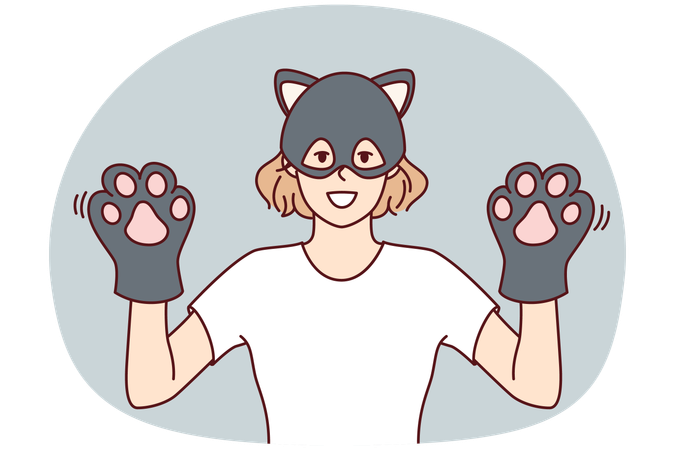 Funny woman in kitten mask demonstrates hands with gloves in form of kitty paws  Illustration