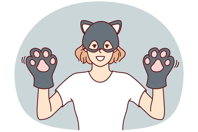 Funny woman in kitten mask demonstrates hands with gloves in form of kitty paws  Illustration