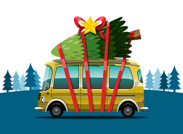 Furgoneta cargada con árbol de Navidad  Ilustración