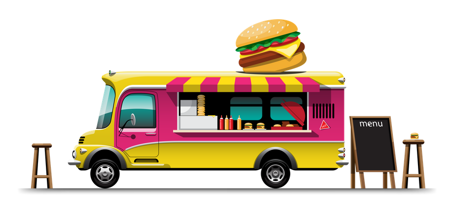 Furgoneta de comida con hamburguesa  Ilustración