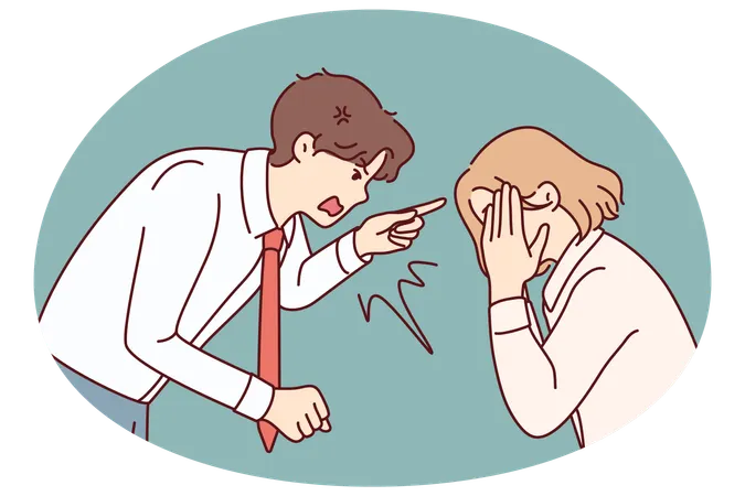 Furious businessman scolding stressed female employee  Illustration