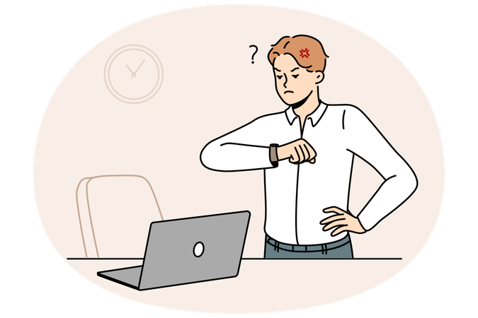 Furious businessman unhappy with employee late for work  Illustration