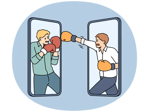 携帯電話の画面で戦う激怒したビジネスマン  イラスト
